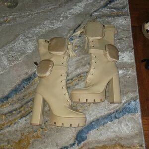 Fashion Nova Tan Lace-Up Platform Lug Heeled Boots with Pouches